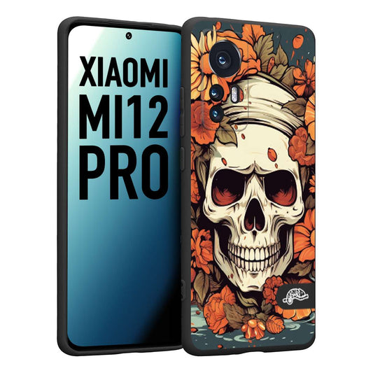 CUSTOMIZZA - Custodia cover nera morbida in tpu compatibile per Xiaomi 12 PRO teschio skull flowers fiori tattoo disegnato alta definizione