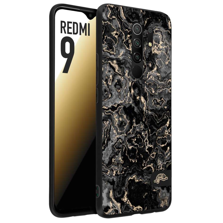 CUSTOMIZZA - Custodia cover nera morbida in tpu compatibile per Xiaomi Redmi 9 effetto marmo marble nero black venature dorato pietra