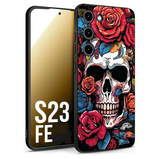 CUSTOMIZZA - Custodia cover nera morbida in tpu compatibile per Samsung S23 FE teschio skull flowers fiori rose rosse tattoo disegnato