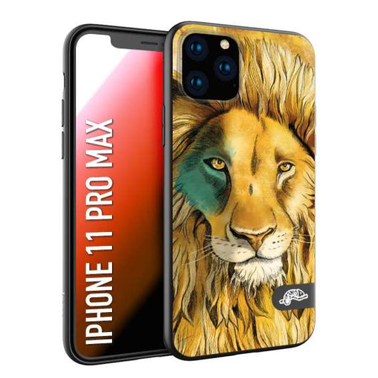 CUSTOMIZZA - Custodia cover nera morbida in tpu compatibile per iPhone 11 PRO MAX leone lion disegnato a mano giallo blu a rilievo artistico brown