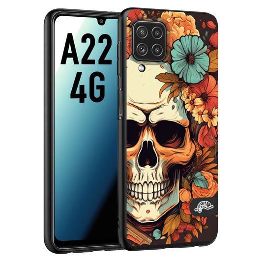 CUSTOMIZZA - Custodia cover nera morbida in tpu compatibile per Samsung A22 4G teschio skull flowers fiori autunnali arancio celeste tattoo