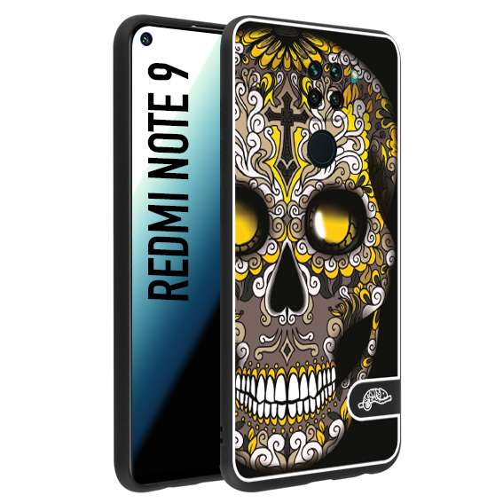 CUSTOMIZZA - Custodia cover nera morbida in tpu compatibile per Xiaomi Redmi Note 9 teschio messicano Mexican skull nero giallo