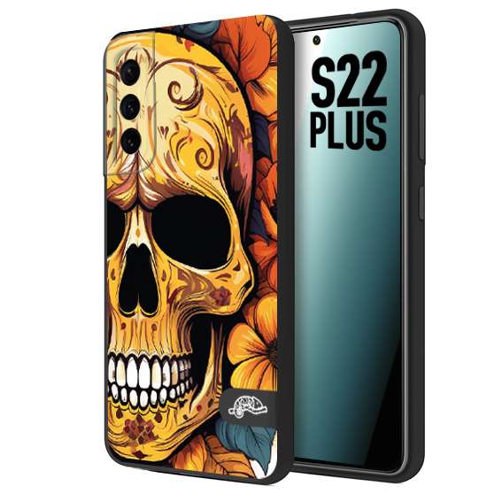 CUSTOMIZZA - Custodia cover nera morbida in tpu compatibile per Samsung S22 PLUS teschio messicano colorato dorato fiori autunnali disegnato