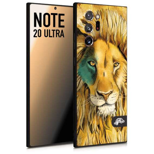 CUSTOMIZZA - Custodia cover nera morbida in tpu compatibile per Samsung NOTE 20 ULTRA leone lion disegnato a mano giallo blu a rilievo artistico brown