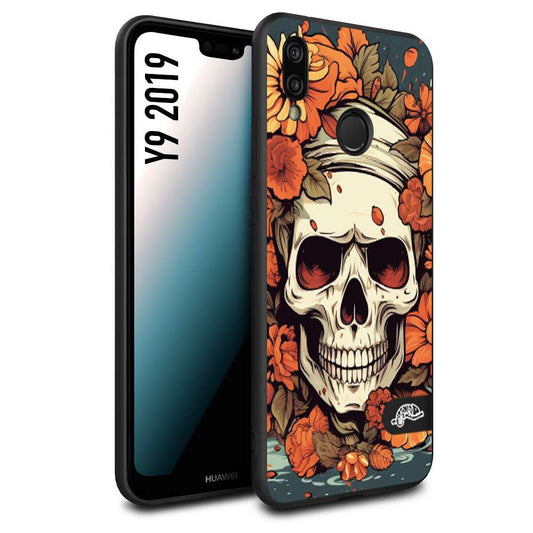 CUSTOMIZZA - Custodia cover nera morbida in tpu compatibile per Huawei Y9 2019 teschio skull flowers fiori tattoo disegnato alta definizione