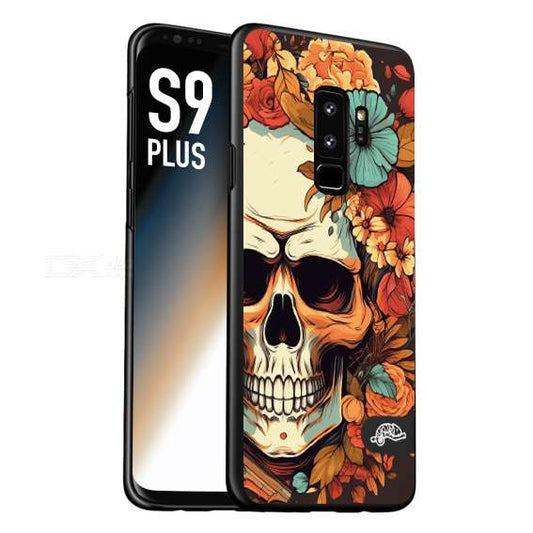 CUSTOMIZZA - Custodia cover nera morbida in tpu compatibile per Samsung S9 PLUS teschio skull flowers fiori autunnali arancio celeste tattoo