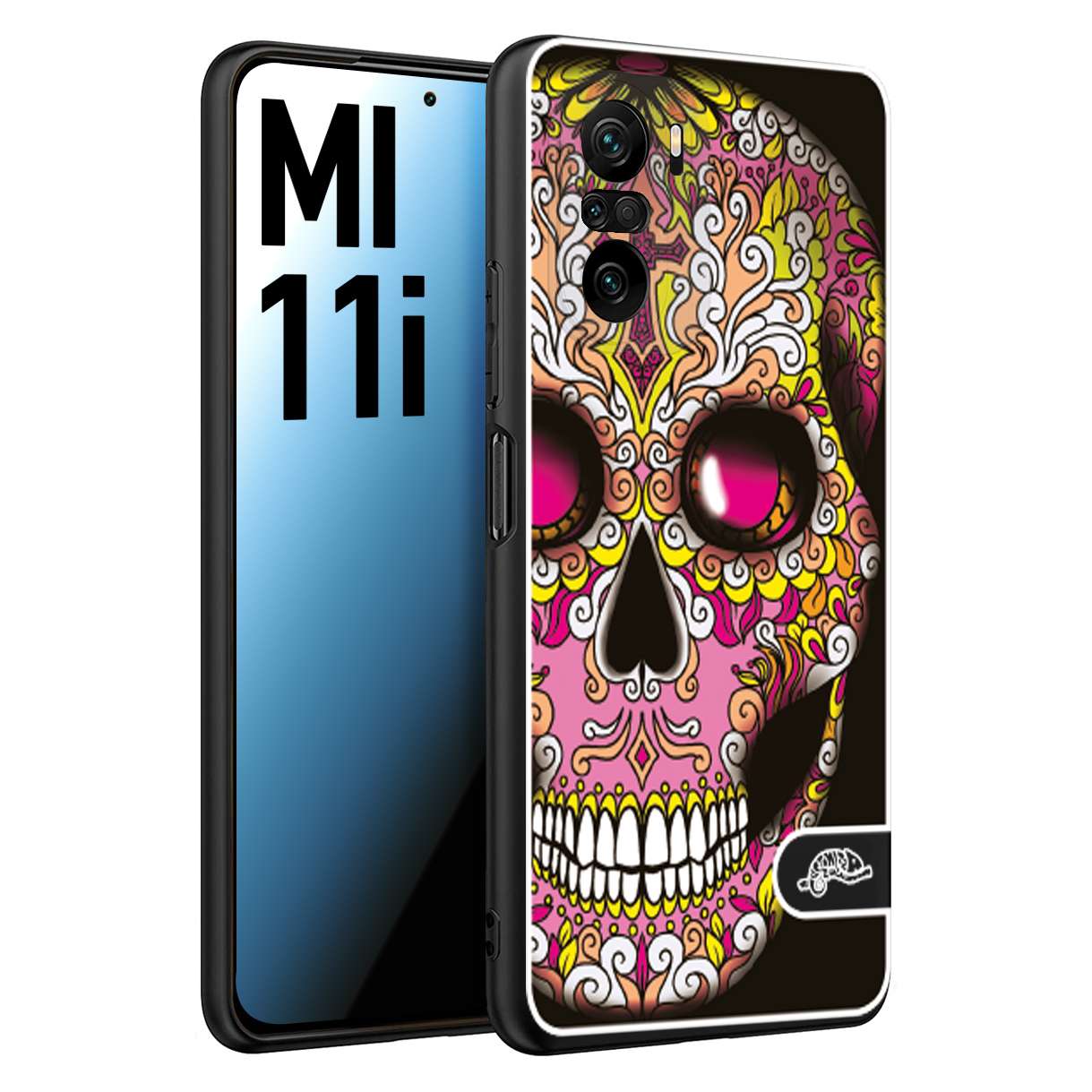 CUSTOMIZZA - Custodia cover nera morbida in tpu compatibile per Xiaomi Mi 11i teschio messicano Mexican skull rosa gialla