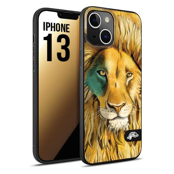 CUSTOMIZZA - Custodia cover nera morbida in tpu compatibile per iPhone 13 leone lion disegnato a mano giallo blu a rilievo artistico brown