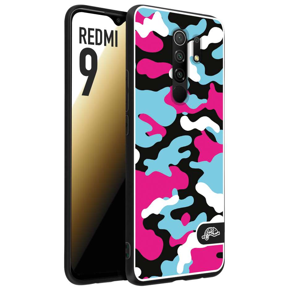 CUSTOMIZZA - Custodia cover nera morbida in tpu compatibile per Xiaomi Redmi 9 camouflage mimetico militare fucsia celeste