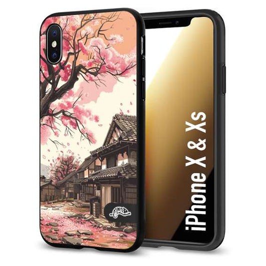 CUSTOMIZZA - Custodia cover nera morbida in tpu compatibile per iPhone X - Xs casa giapponese rosa ciliegio in fiore disegnata tattoo