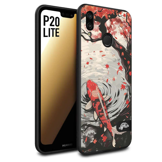 CUSTOMIZZA - Custodia cover nera morbida in tpu compatibile per Huawei P20 LITE giapponese lago carpa koi rossa con foglie d'acero rosso disegnata tattoo