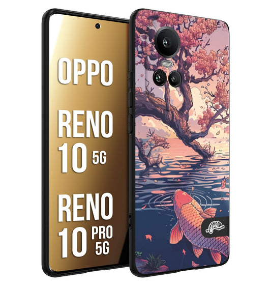 CUSTOMIZZA - Custodia cover nera morbida in tpu compatibile per Oppo Reno 10 5G - 10 PRO 5G giapponese lago carpa koi rosa con foglie d'acero disegnata tattoo