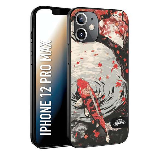 CUSTOMIZZA - Custodia cover nera morbida in tpu compatibile per iPhone 12 PRO MAX giapponese lago carpa koi rossa con foglie d'acero rosso disegnata tattoo