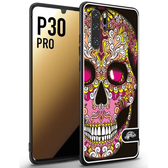 CUSTOMIZZA - Custodia cover nera morbida in tpu compatibile per Huawei P30 PRO teschio messicano Mexican skull rosa gialla