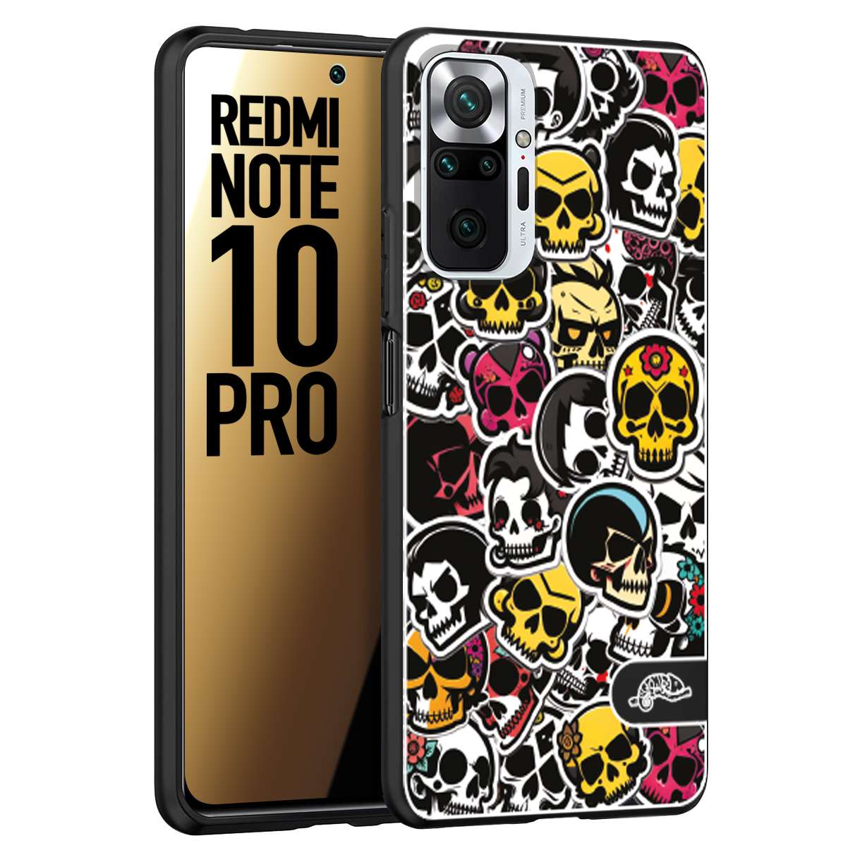 CUSTOMIZZA - Custodia cover nera morbida in tpu compatibile per Xiaomi Redmi Note 10 PRO sticker bomb teschi colorati adesivi skulls skater snowboard