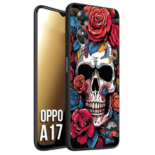 CUSTOMIZZA - Custodia cover nera morbida in tpu compatibile per Oppo A17 teschio skull flowers fiori rose rosse tattoo disegnato