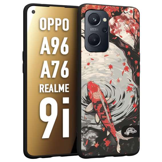 CUSTOMIZZA - Custodia cover nera morbida in tpu compatibile per Oppo Realme 9i - A96 - A76 giapponese lago carpa koi rossa con foglie d'acero rosso disegnata tattoo