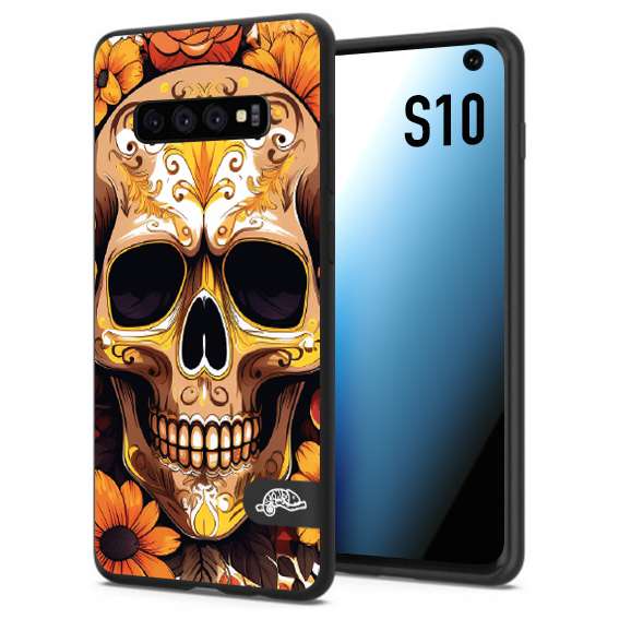 CUSTOMIZZA - Custodia cover nera morbida in tpu compatibile per Samsung S10 teschio messicano colorato dorato fiori tattoo disegnato