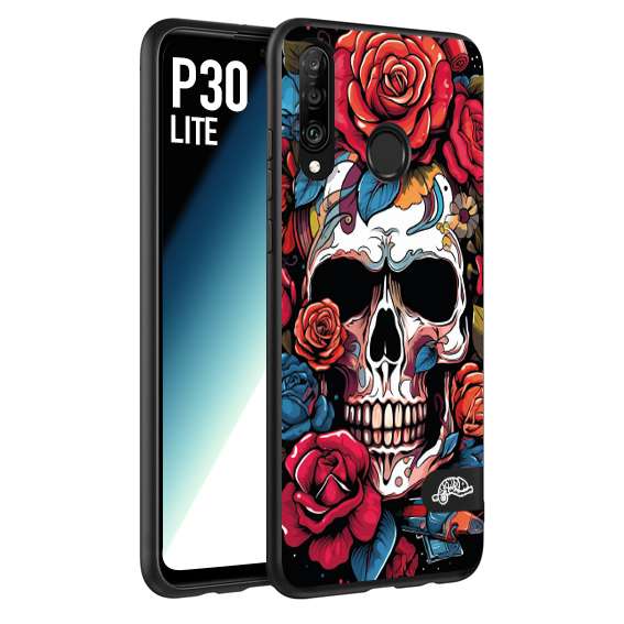 CUSTOMIZZA - Custodia cover nera morbida in tpu compatibile per Huawei P30 LITE teschio skull flowers fiori rose rosse tattoo disegnato