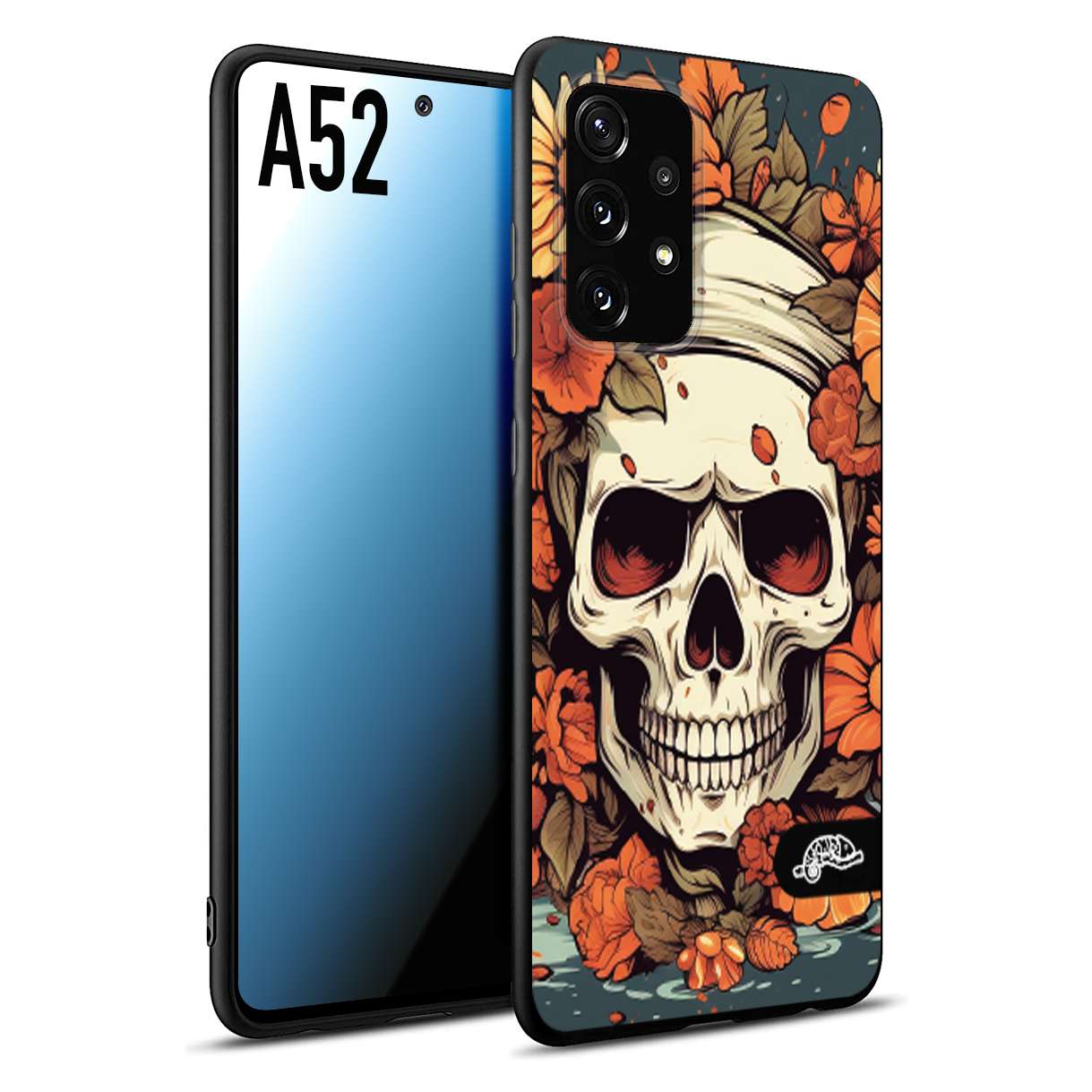 CUSTOMIZZA - Custodia cover nera morbida in tpu compatibile per Samsung A52 teschio skull flowers fiori tattoo disegnato alta definizione