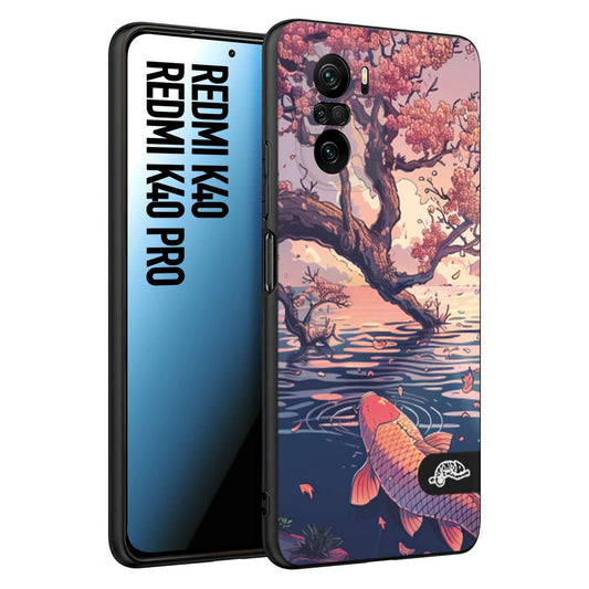 CUSTOMIZZA - Custodia cover nera morbida in tpu compatibile per Xiaomi Redmi K40 - K40 Pro giapponese lago carpa koi rosa con foglie d'acero disegnata tattoo