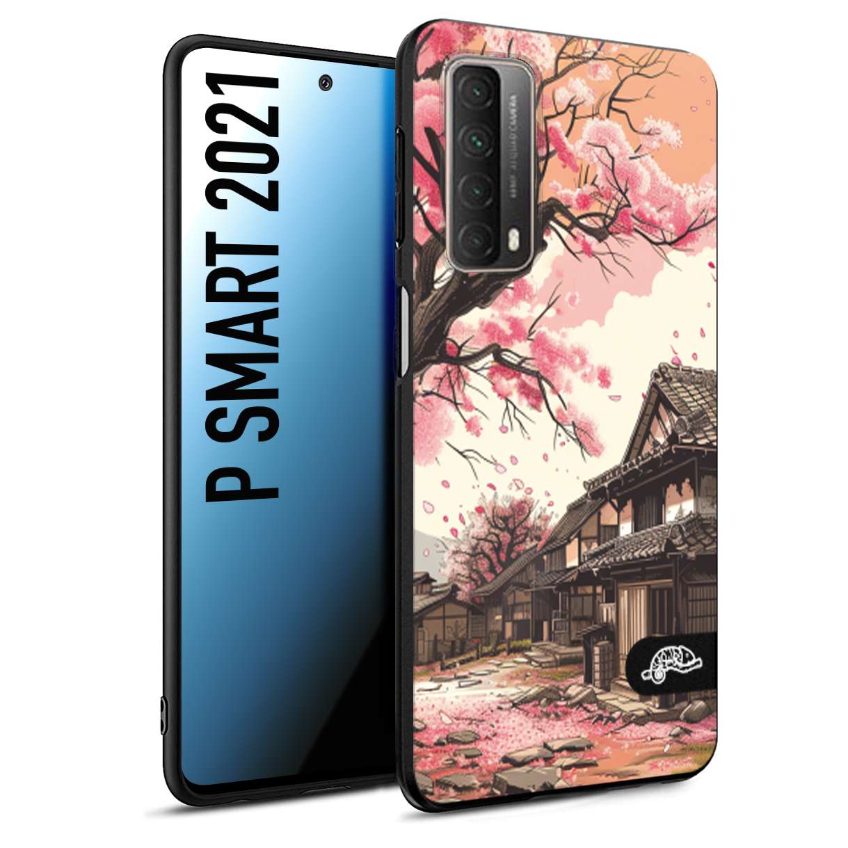 CUSTOMIZZA - Custodia cover nera morbida in tpu compatibile per Huawei P Smart 2021 casa giapponese rosa ciliegio in fiore disegnata tattoo