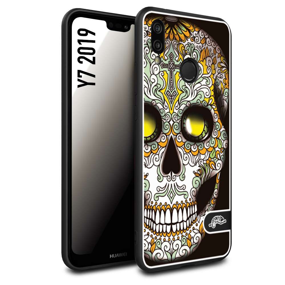 CUSTOMIZZA - Custodia cover nera morbida in tpu compatibile per Huawei Y7 2019 teschio messicano Mexican skull bianco verde giallo