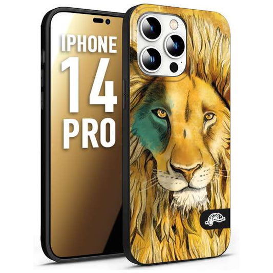 CUSTOMIZZA - Custodia cover nera morbida in tpu compatibile per iPhone 14 PRO leone lion disegnato a mano giallo blu a rilievo artistico brown