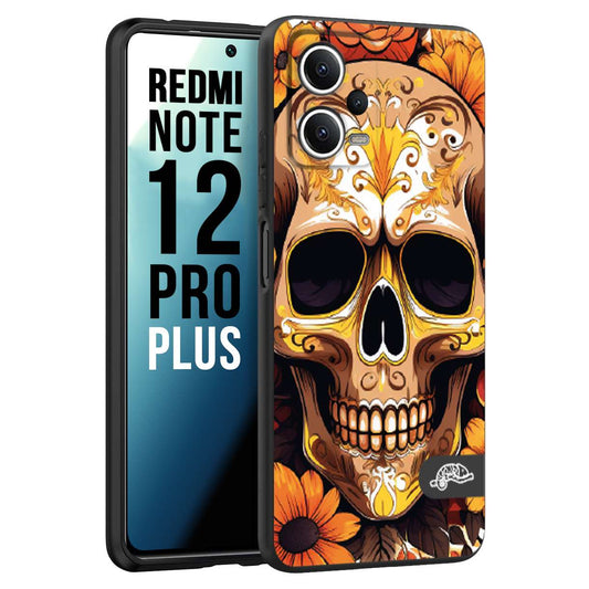 CUSTOMIZZA - Custodia cover nera morbida in tpu compatibile per Xiaomi Redmi Note 12 PRO PLUS teschio messicano colorato dorato fiori tattoo disegnato