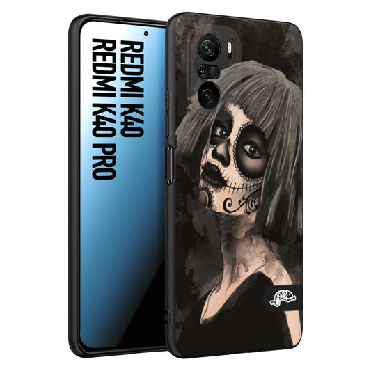 CUSTOMIZZA - Custodia cover nera morbida in tpu compatibile per Xiaomi Redmi K40 - K40 Pro chicana messicana dea de la muerte donna santa tattoo disegnata