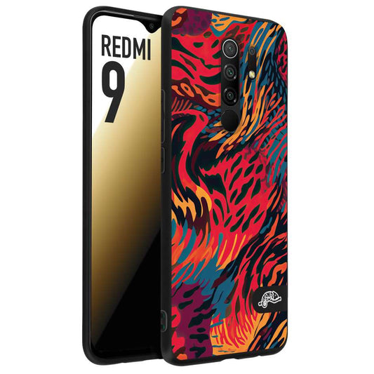 CUSTOMIZZA - Custodia cover nera morbida in tpu compatibile per Xiaomi Redmi 9 leopardato maculato tigrato colorata fiamme rossa blu arancione