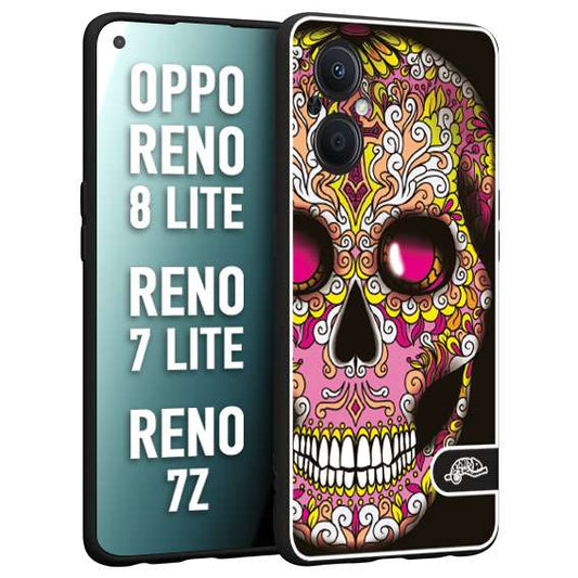 CUSTOMIZZA - Custodia cover nera morbida in tpu compatibile per Oppo Reno 7 Lite - 8 Lite - 7Z teschio messicano Mexican skull rosa gialla
