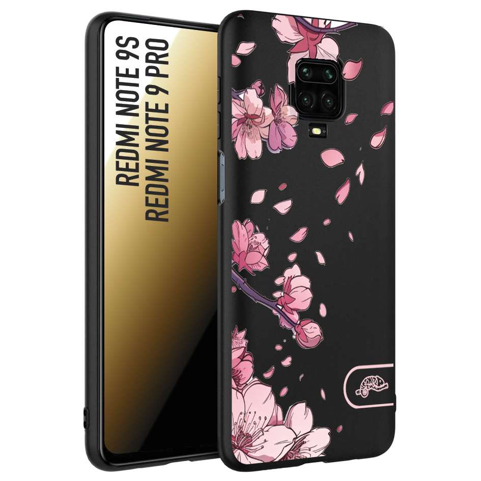 CUSTOMIZZA - Custodia cover nera morbida in tpu compatibile per Xiaomi Redmi Note 9S - Note 9 PRO giapponese fiori di ciliegio in fiore a rilievo disegnata tattoo