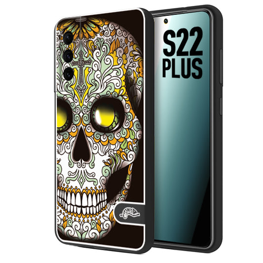 CUSTOMIZZA - Custodia cover nera morbida in tpu compatibile per Samsung S22 PLUS teschio messicano Mexican skull bianco verde giallo