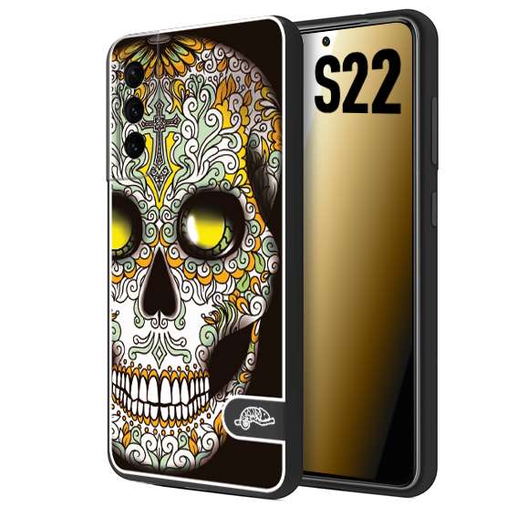 CUSTOMIZZA - Custodia cover nera morbida in tpu compatibile per Samsung S22 teschio messicano Mexican skull bianco verde giallo