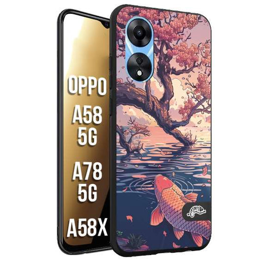 CUSTOMIZZA - Custodia cover nera morbida in tpu compatibile per Oppo A58 5G - A78 5G - A58X giapponese lago carpa koi rosa con foglie d'acero disegnata tattoo