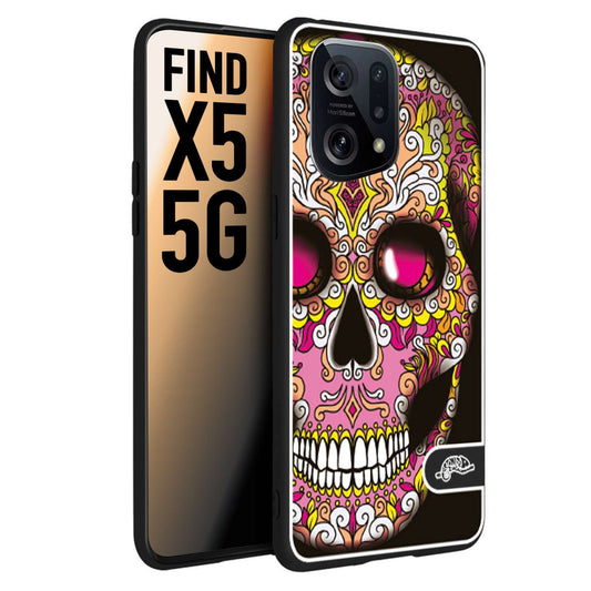 CUSTOMIZZA - Custodia cover nera morbida in tpu compatibile per Oppo Find X5 teschio messicano Mexican skull rosa gialla