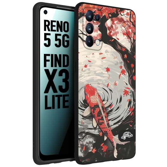 CUSTOMIZZA - Custodia cover nera morbida in tpu compatibile per Oppo Reno 5 5G giapponese lago carpa koi rossa con foglie d'acero rosso disegnata tattoo