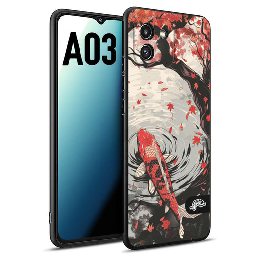 CUSTOMIZZA - Custodia cover nera morbida in tpu compatibile per Samsung A03 giapponese lago carpa koi rossa con foglie d'acero rosso disegnata tattoo