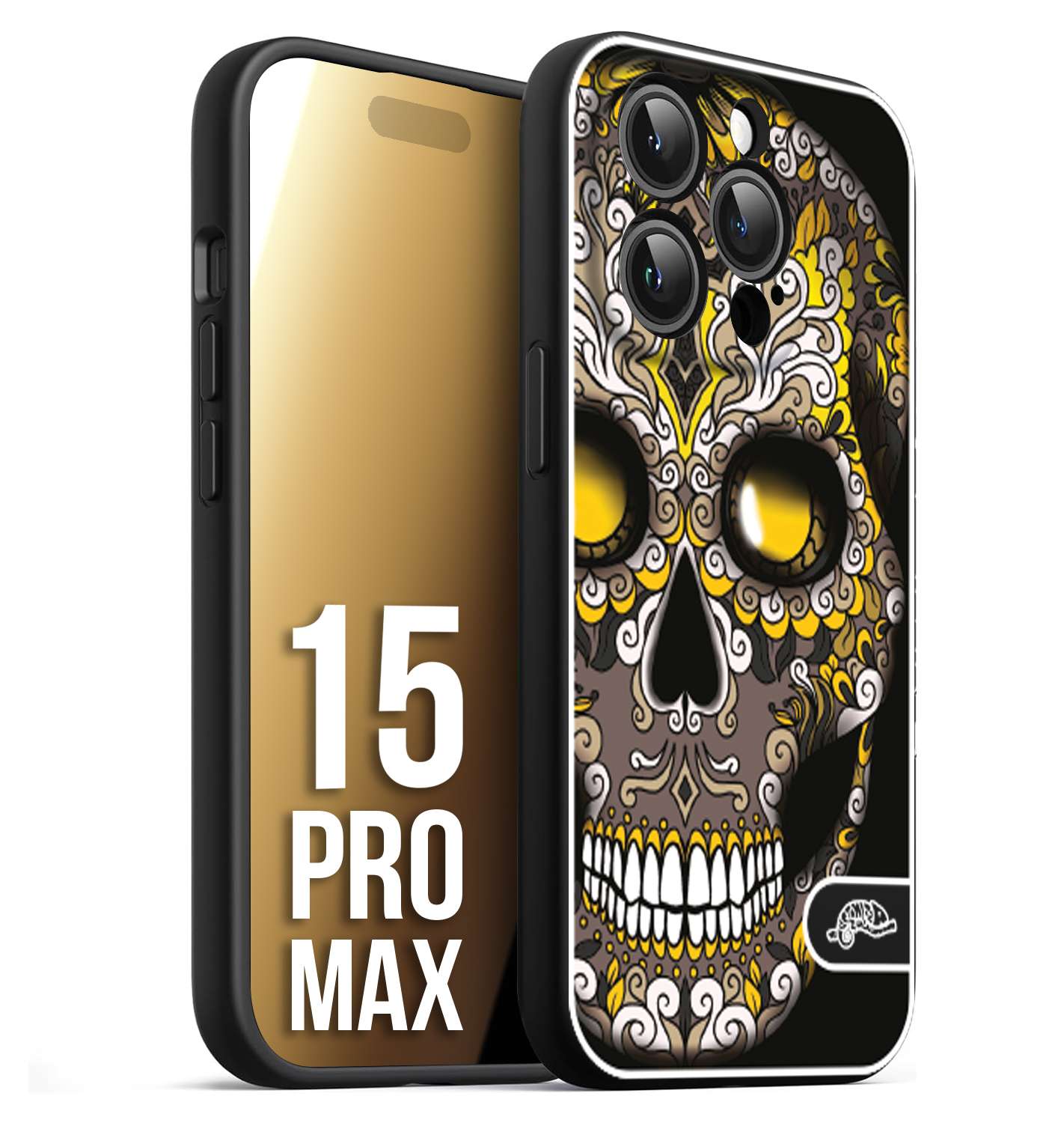 CUSTOMIZZA - Custodia cover nera morbida in tpu compatibile per iPhone 15 PRO MAX teschio messicano Mexican skull nero giallo