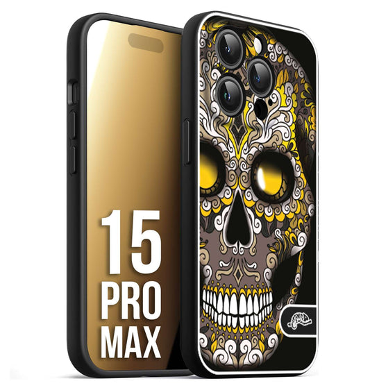 CUSTOMIZZA - Custodia cover nera morbida in tpu compatibile per iPhone 15 PRO MAX teschio messicano Mexican skull nero giallo