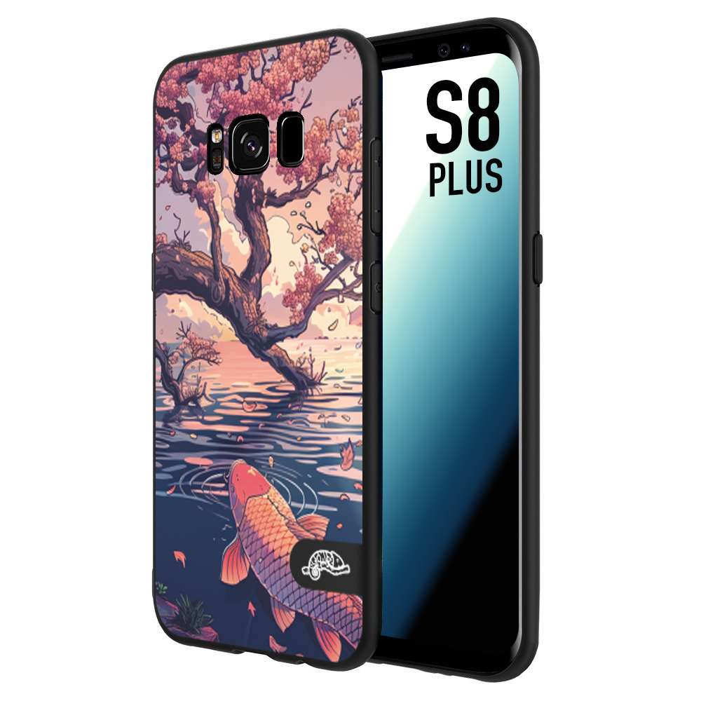 CUSTOMIZZA - Custodia cover nera morbida in tpu compatibile per Samsung S8 PLUS giapponese lago carpa koi rosa con foglie d'acero disegnata tattoo