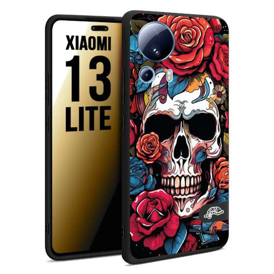 CUSTOMIZZA - Custodia cover nera morbida in tpu compatibile per Xiaomi 13 LITE teschio skull flowers fiori rose rosse tattoo disegnato