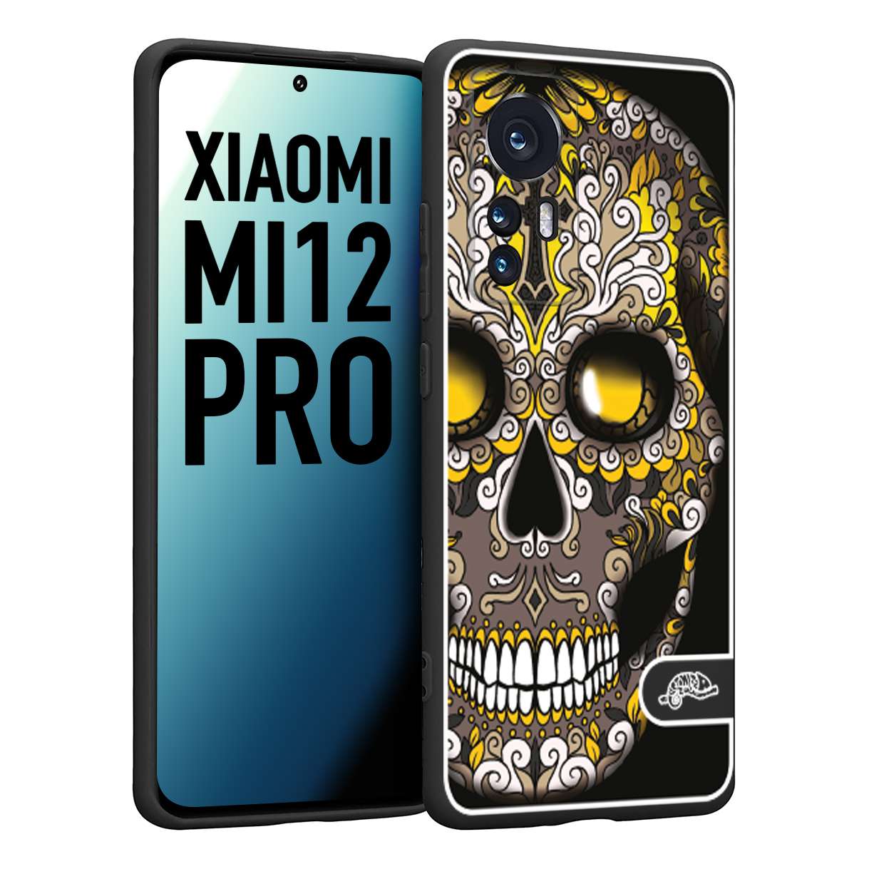 CUSTOMIZZA - Custodia cover nera morbida in tpu compatibile per Xiaomi 12 PRO teschio messicano Mexican skull nero giallo