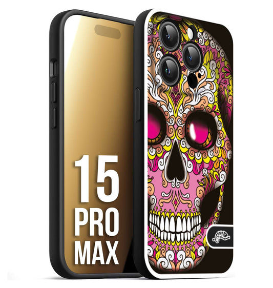 CUSTOMIZZA - Custodia cover nera morbida in tpu compatibile per iPhone 15 PRO MAX teschio messicano Mexican skull rosa gialla