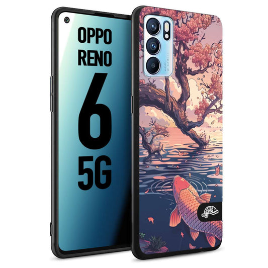 CUSTOMIZZA - Custodia cover nera morbida in tpu compatibile per Oppo Reno 6 5G giapponese lago carpa koi rosa con foglie d'acero disegnata tattoo