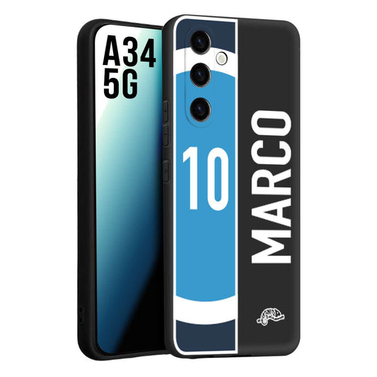 CUSTOMIZZA - Custodia cover nera morbida in tpu compatibile per Samsung A34 5G personalizzata calcio football nome e numero calciatori biancoazzurri bianco celesti