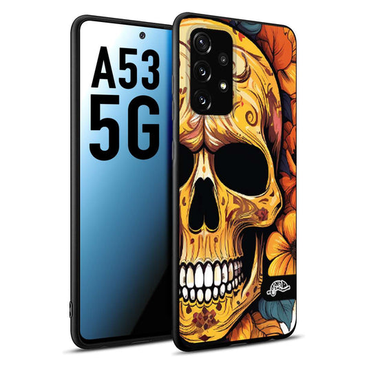 CUSTOMIZZA - Custodia cover nera morbida in tpu compatibile per Samsung A53 5G teschio messicano colorato dorato fiori autunnali disegnato