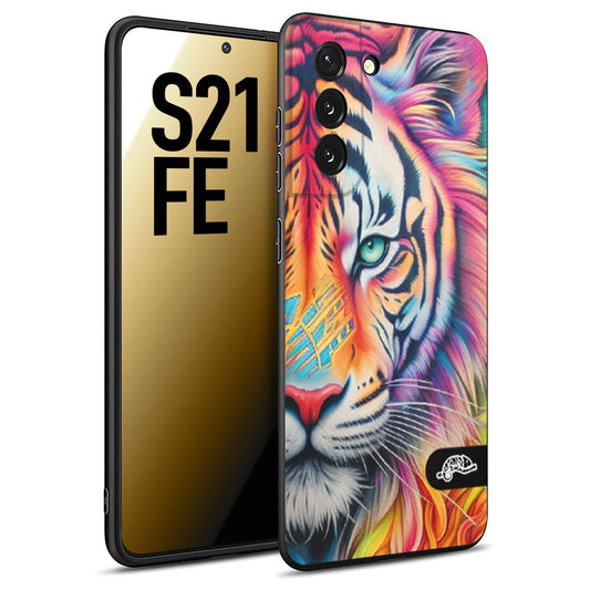 CUSTOMIZZA - Custodia cover nera morbida in tpu compatibile per Samsung S21 FE animali color tigre tiger viso colori vibranti disegnato schizzo