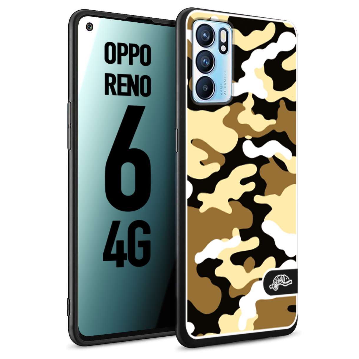 CUSTOMIZZA - Custodia cover nera morbida in tpu compatibile per Oppo Reno 6 4G camouflage mimetico militare giallo desert brown